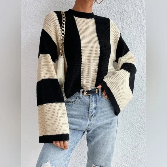 Damski Stylowy Wełniany Sweter z Normalnym Kołnierzem i Wzorem w Paski