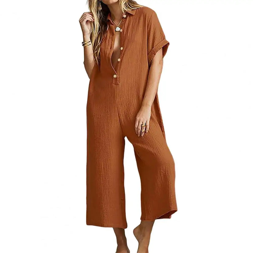 Damski Luźny Bawełniany Jumpsuit z Guzikami