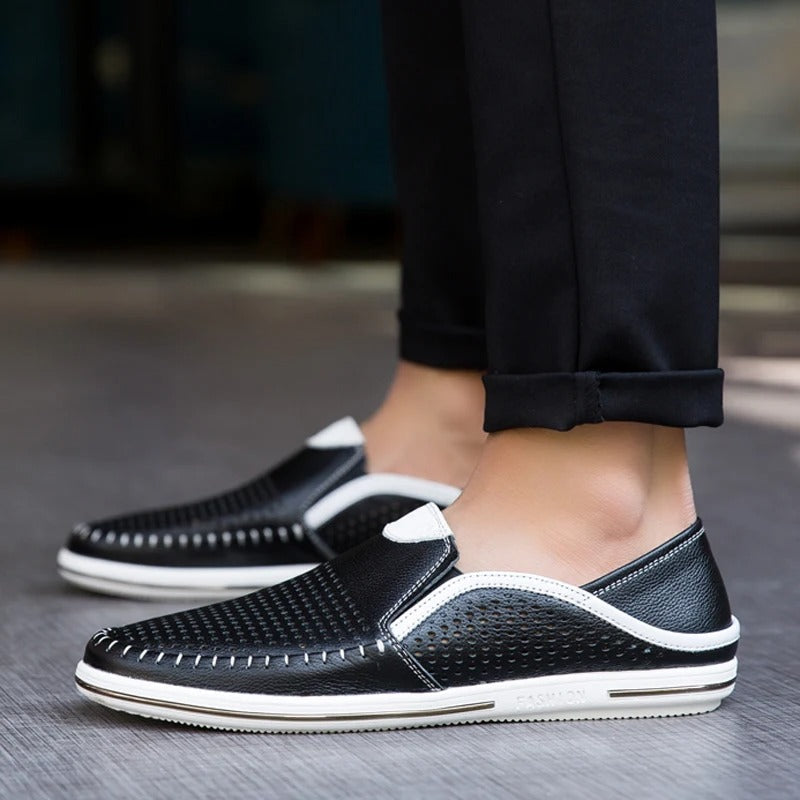 Męskie Stylowe Skórzane Loafersy z Oddychającym Wzorem