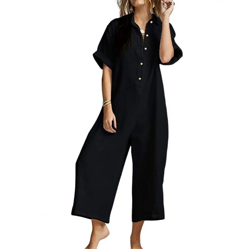 Damski Luźny Bawełniany Jumpsuit z Guzikami