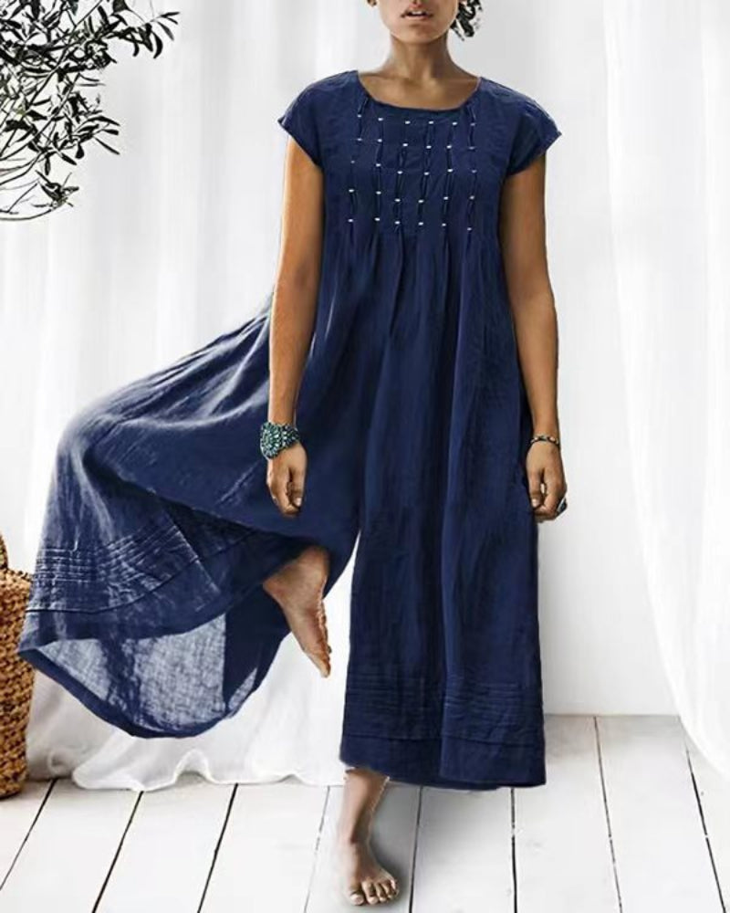 Damski Elegancki Len Jumpsuit z Plisowanymi Rękawami