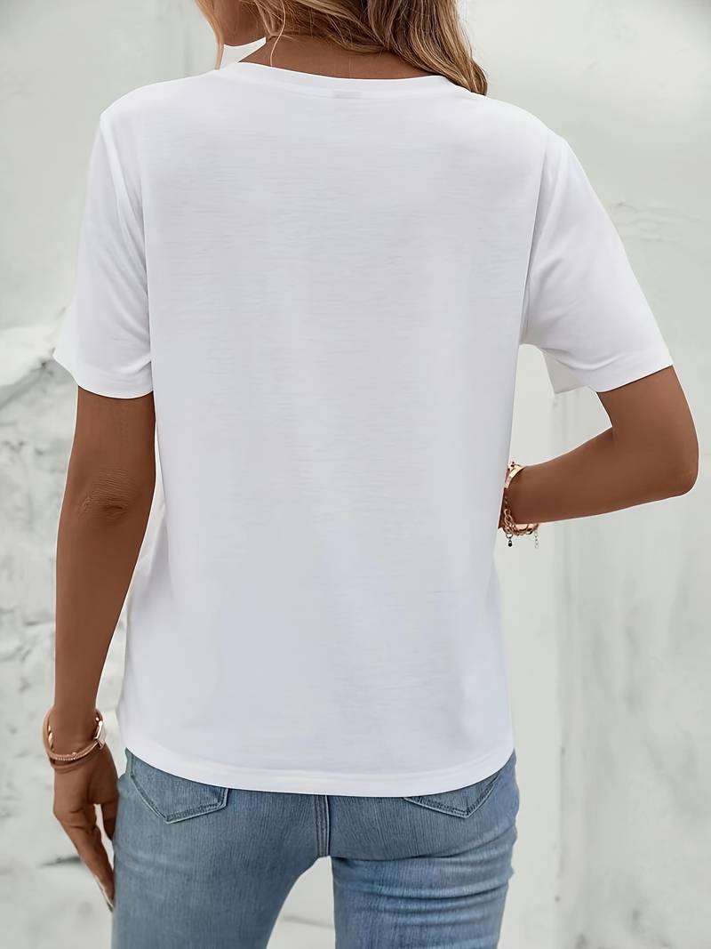 T Shirt Damski Elegancki Bawełna z Kwiatowym Nadrukiem i Okrągłym Dekoltem