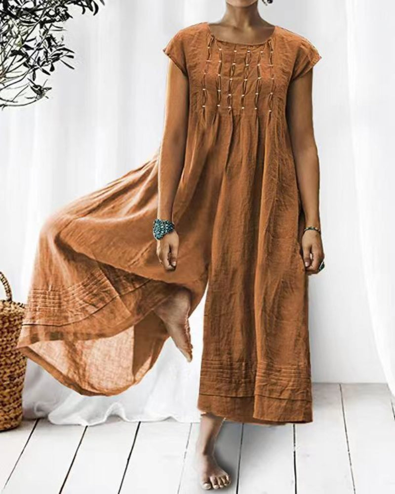 Damski Elegancki Len Jumpsuit z Plisowanymi Rękawami