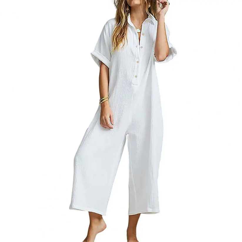 Damski Luźny Bawełniany Jumpsuit z Guzikami