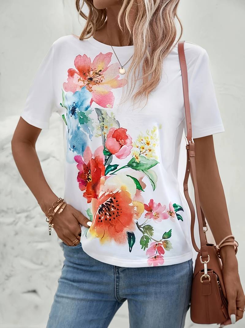 T Shirt Damski Elegancki Bawełna z Kwiatowym Nadrukiem i Okrągłym Dekoltem