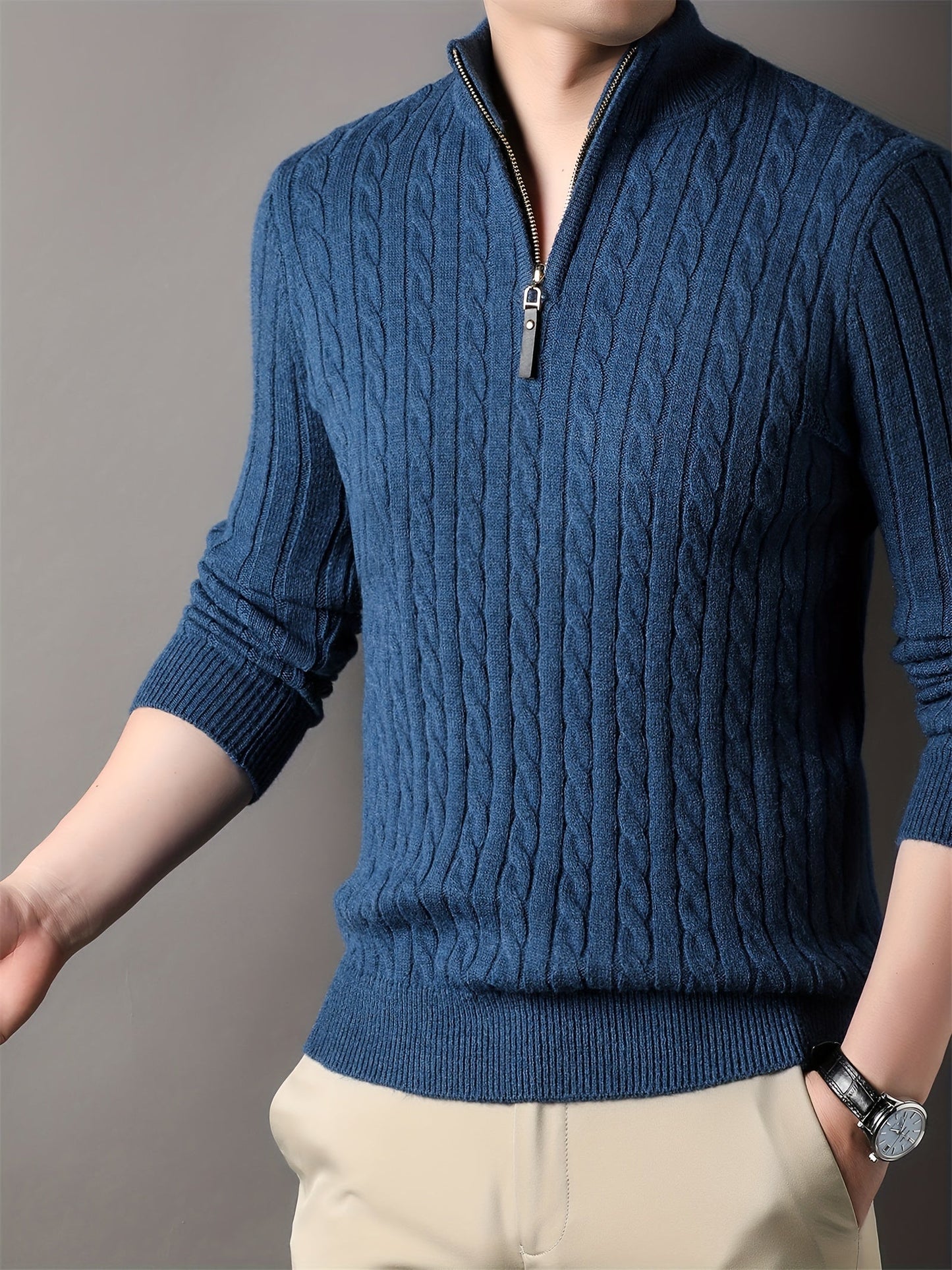 Variant image for Męski Casual Bawełniany Sweter z Półzamkiem i Wzorem Pasków-13