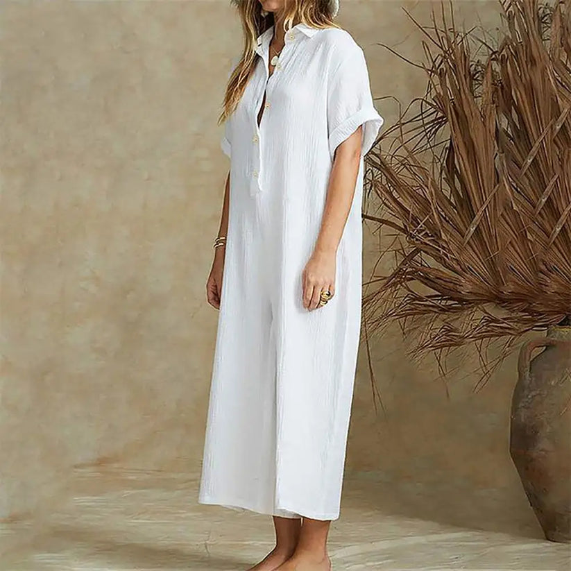 Damski Luźny Bawełniany Jumpsuit z Guzikami