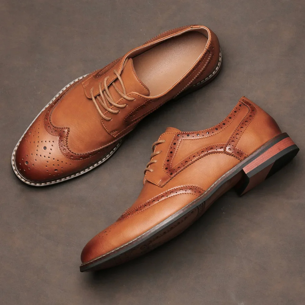 Męskie Eleganckie Skórzane Oksfordy Wingtip z Broguem