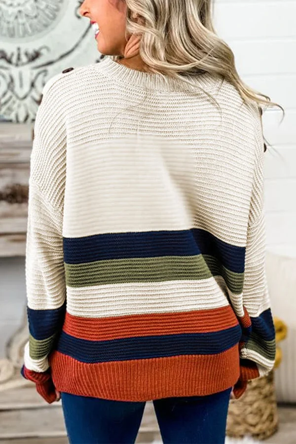 Damski Stylowy Akrylowy Sweter z Wzorem w Paski z Akcentem na Ramionach