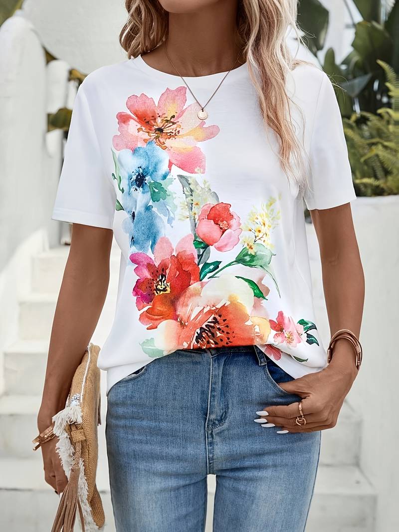 T Shirt Damski Elegancki Bawełna z Kwiatowym Nadrukiem i Okrągłym Dekoltem