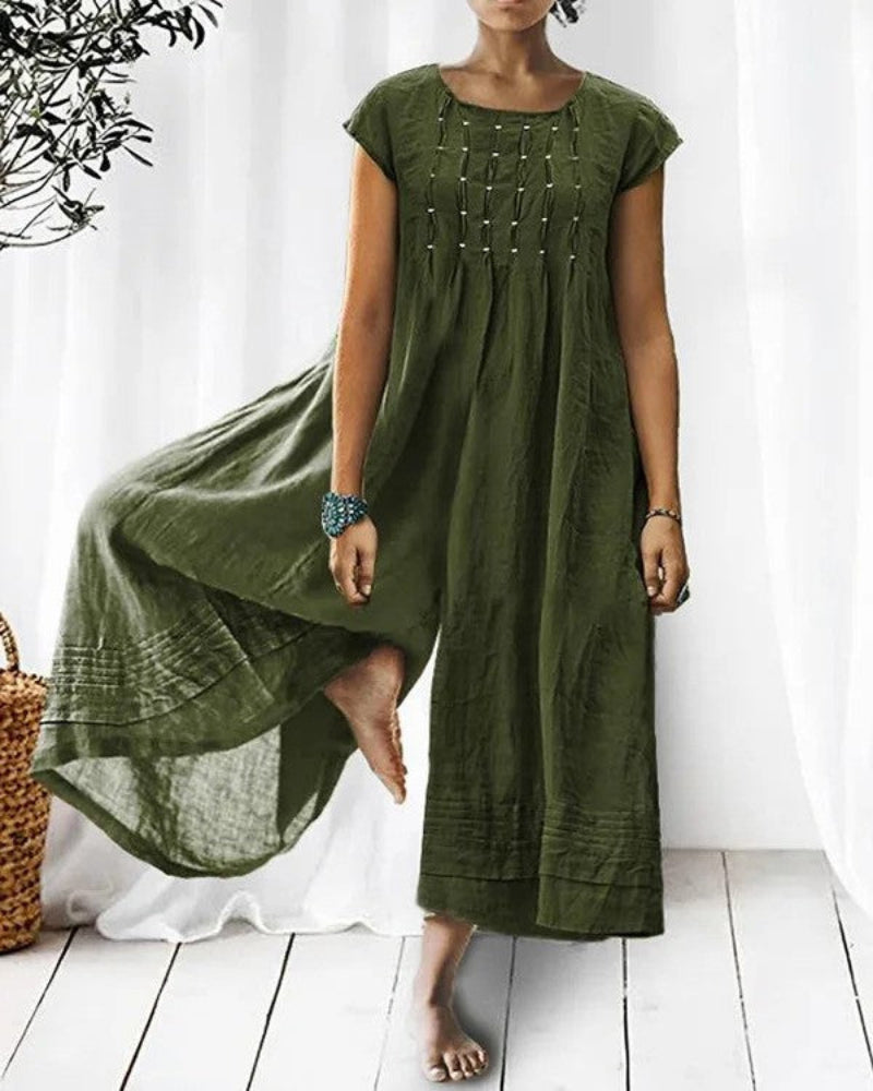Variant image for Damski Elegancki Len Jumpsuit z Plisowanymi Rękawami-19