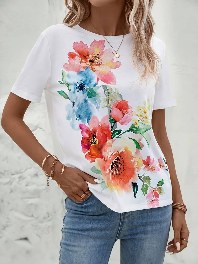 T Shirt Damski Elegancki Bawełna z Kwiatowym Nadrukiem i Okrągłym Dekoltem
