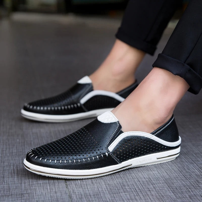 Męskie Stylowe Skórzane Loafersy z Oddychającym Wzorem
