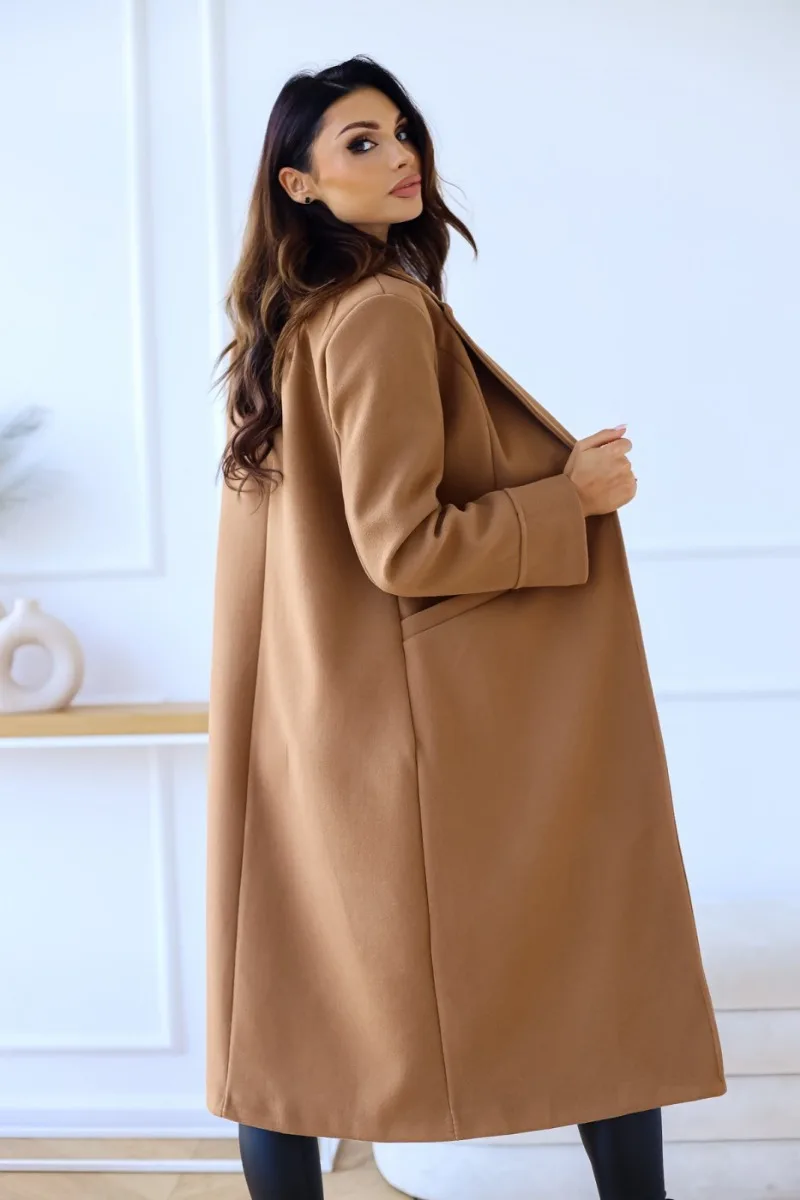 Damski Elegancki Wysokiej Jakości Trenchcoat z Rewersami i Otwartym Przodem