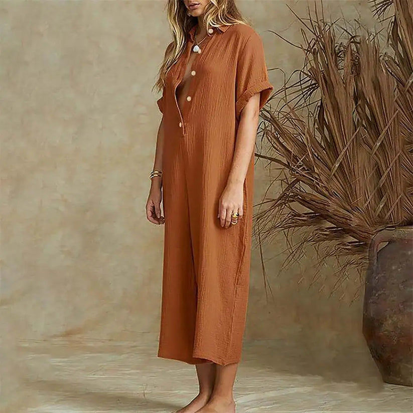 Damski Luźny Bawełniany Jumpsuit z Guzikami
