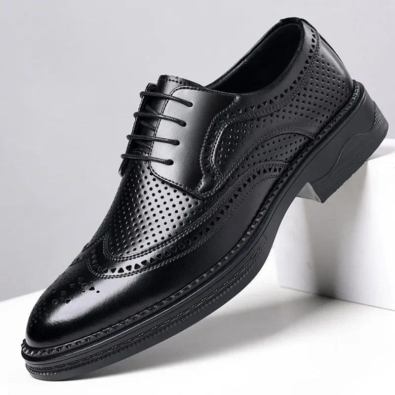 Męskie Eleganckie Skórzane Oksfordy z Geperforowanym Designem i Broguem