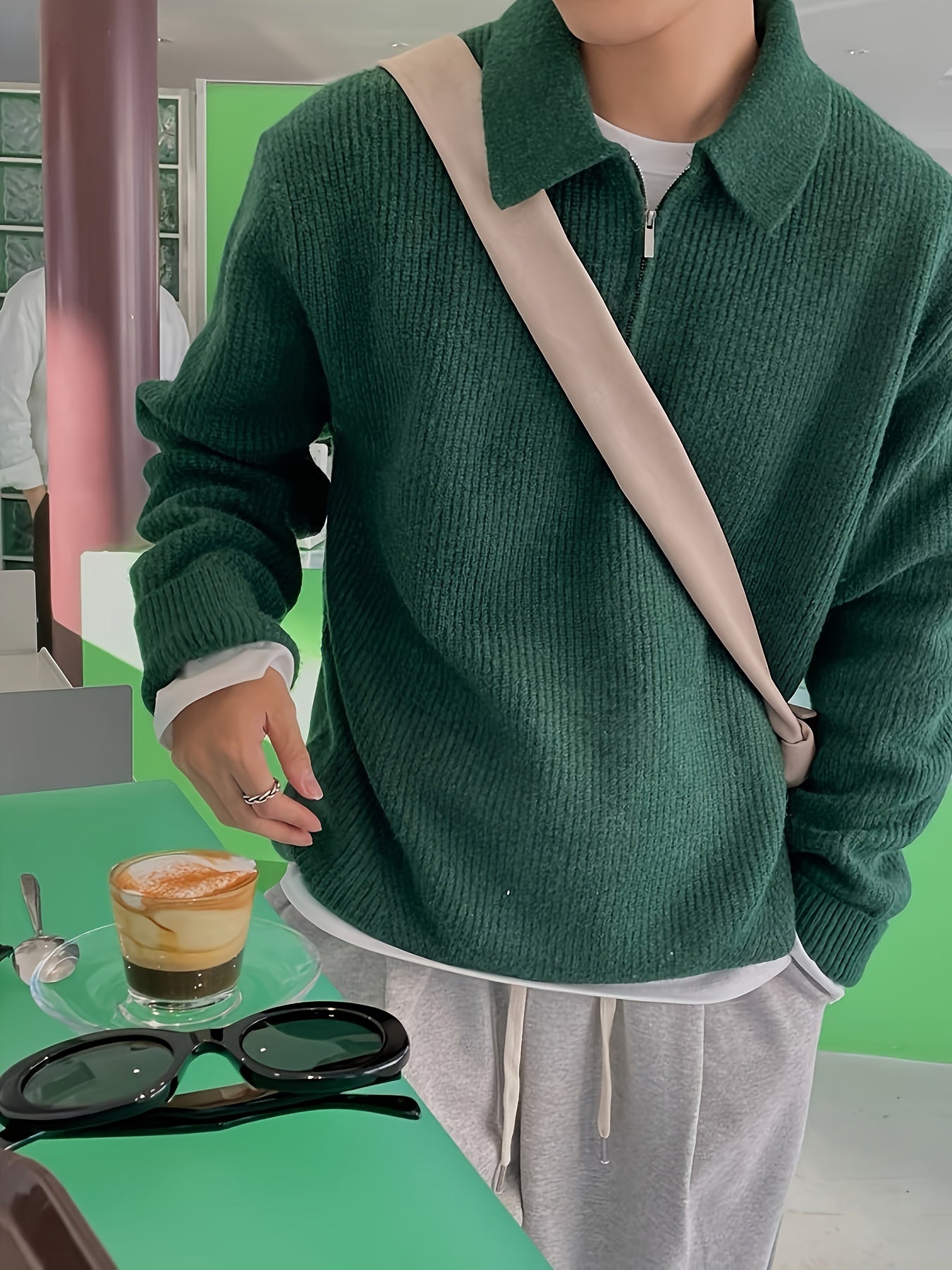 Męski Casualowy Sweter z Półzamkiem z Wysokiej Jakości Dzianiny z Modnym Wzorem w Paski