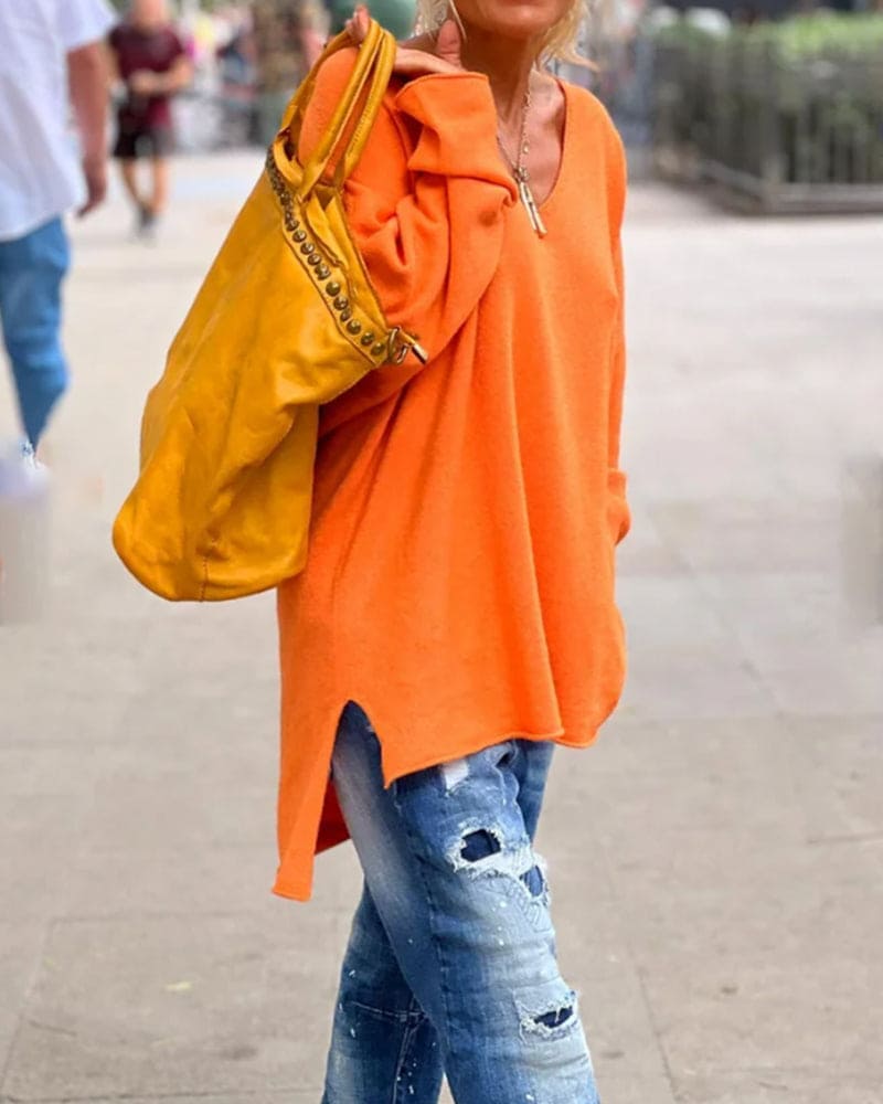 Damski Stylowy Oversized Sweter z Mieszanki Materiałów z Luźnym Fasonem