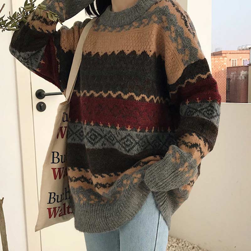 Damski Wygodny Polyester Sweter z Długim Rękawem w Stylu Vintage