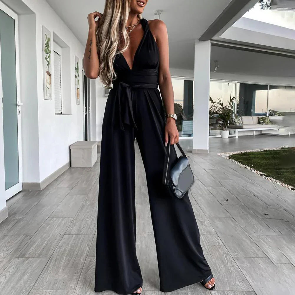 Damski Lekki Jumpsuit z Szerokimi Nogawkami i Wbudowanym Paseczkiem