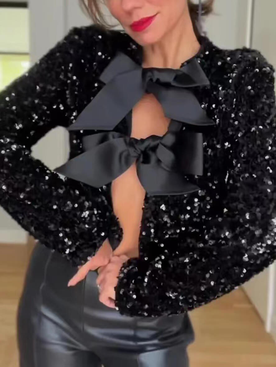 Damski Elegancki Polyesterowy Krótki Blazer z Paillettes i Zawiązaniami