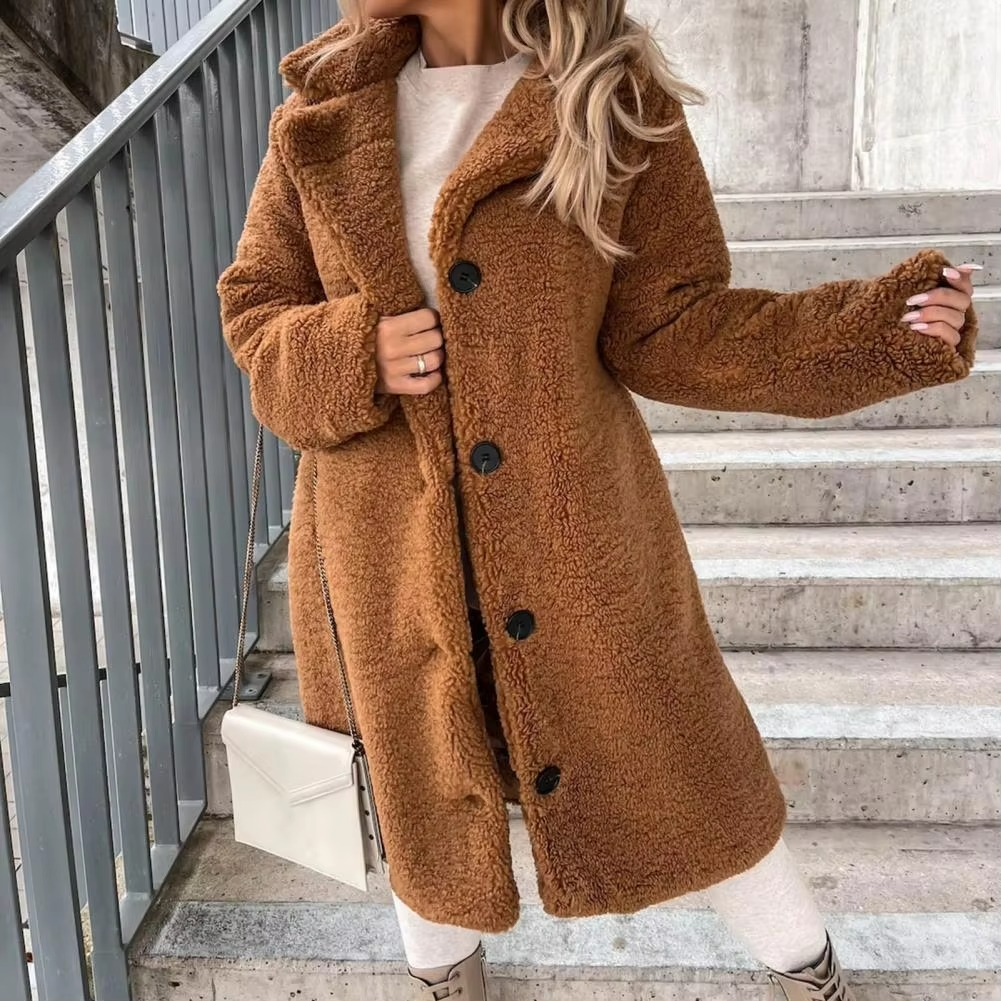 Elegancki Ciepły Polarowy Płaszcz Zimowy Teddy z Jednym Guzikiem Damski | Idealny na Jesień/Zimę