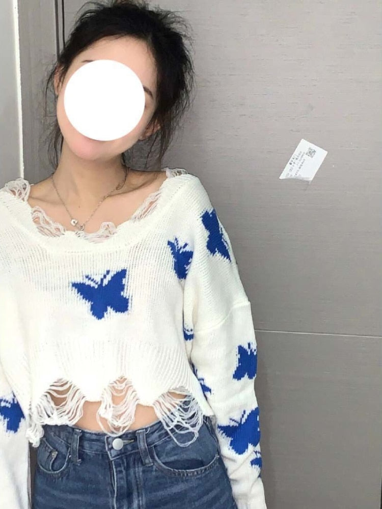 Damski Modny Sweter z Długimi Rękawami z Wzorem Motyla z Miękkiego Materiału