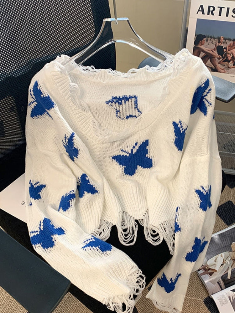 Damski Modny Sweter z Długimi Rękawami z Wzorem Motyla z Miękkiego Materiału