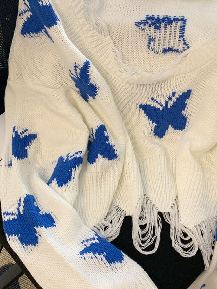 Damski Modny Sweter z Długimi Rękawami z Wzorem Motyla z Miękkiego Materiału