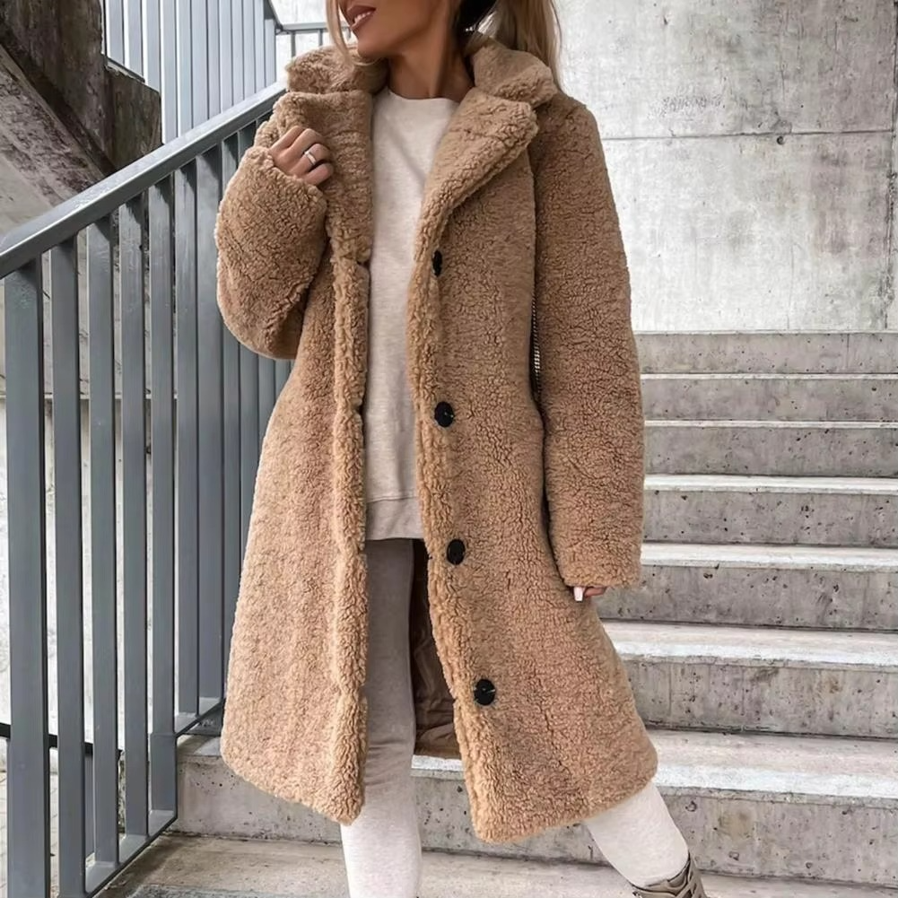 Elegancki Ciepły Polarowy Płaszcz Zimowy Teddy z Jednym Guzikiem Damski | Idealny na Jesień/Zimę