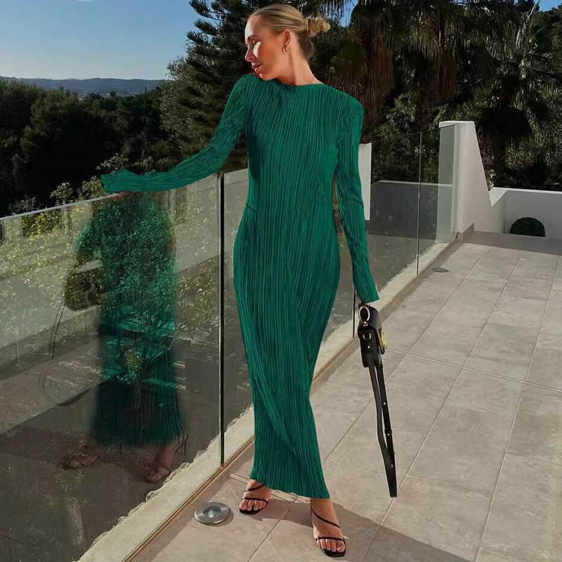 Variant image for Sukienka Damska Elegancka Plisowana z Długim Rękawem w Oddychającym Materiale na Wesele-2