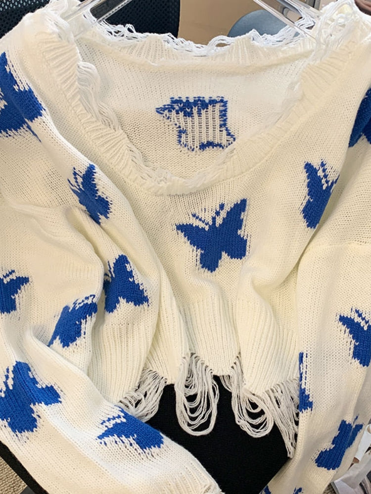 Damski Modny Sweter z Długimi Rękawami z Wzorem Motyla z Miękkiego Materiału