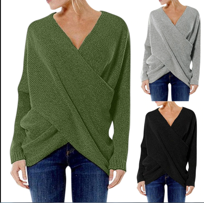 Sweter Damski Elegancki Bawełniany z Krzyżowym Wzorem i Długimi Rękawami