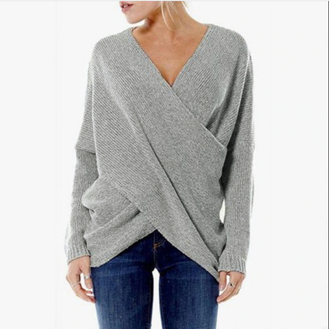 Sweter Damski Elegancki Bawełniany z Krzyżowym Wzorem i Długimi Rękawami