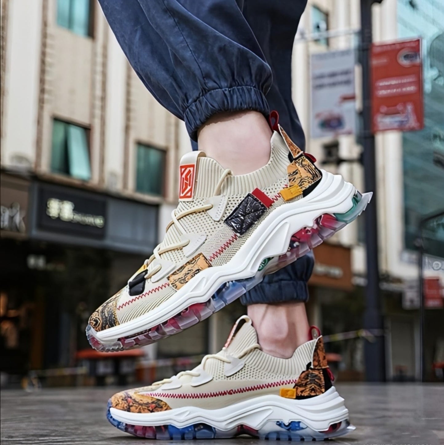 Damski Stylowe Sneakersy z Różnymi Teksturami z Grubą Podeszwą z Wysokiej Jakości Tkanin Syntetycznych
