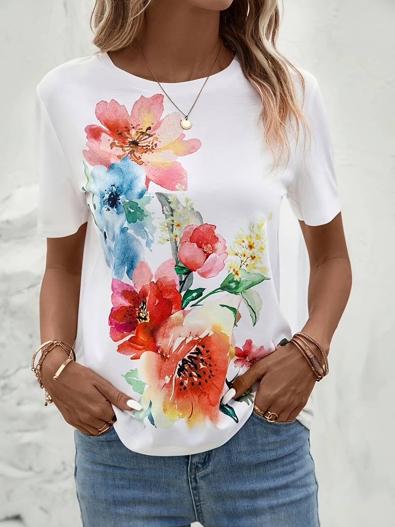 T Shirt Damski Elegancki Bawełna z Kwiatowym Nadrukiem i Okrągłym Dekoltem