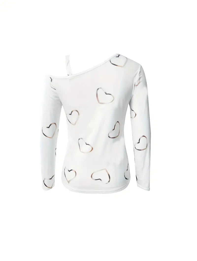 Damski Casual T-Shirt Bawełna z Długim Rękawem i Wzorem Serca