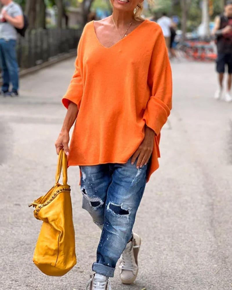 Damski Stylowy Oversized Sweter z Mieszanki Materiałów z Luźnym Fasonem