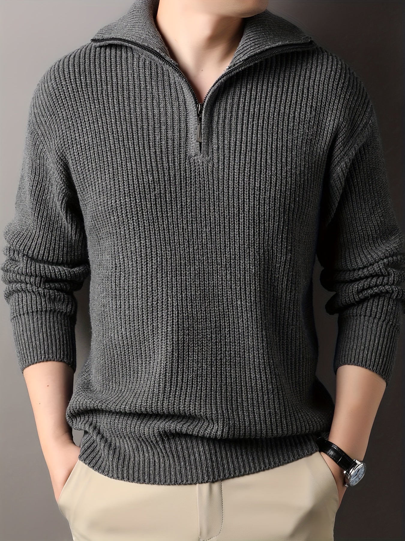 Variant image for Męski Casual Ciepły Sweter z Zippem i Kołnierzem na Jesień/Zimę-7