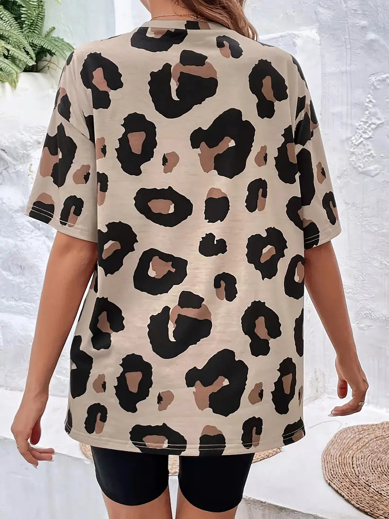 T Shirt Damski Modny Bawełna z Nadrukiem w Panterkę z Okrągłym Dekoltem