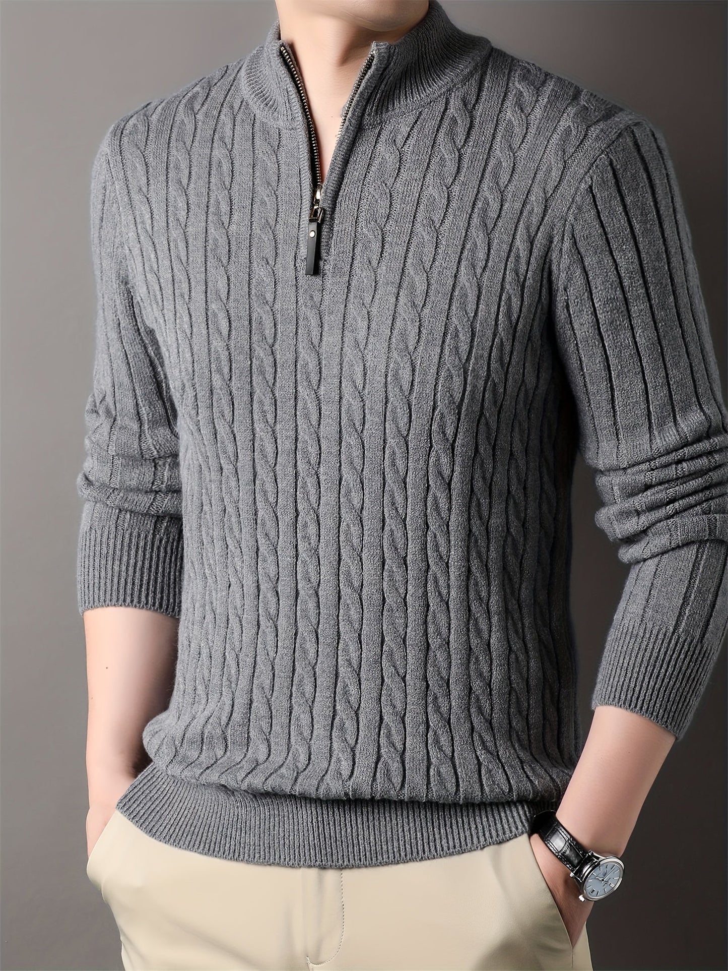 Variant image for Męski Casual Bawełniany Sweter z Półzamkiem i Wzorem Pasków-25
