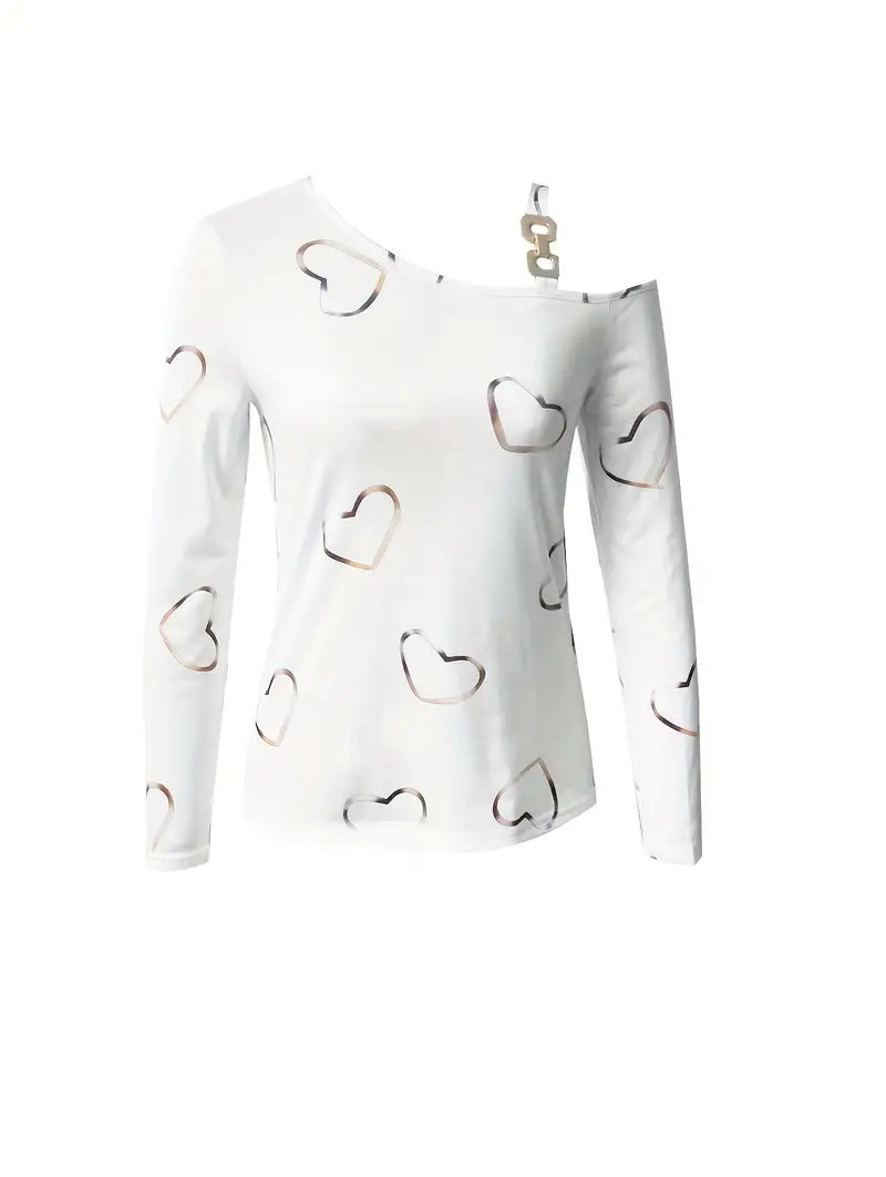 Damski Casual T-Shirt Bawełna z Długim Rękawem i Wzorem Serca