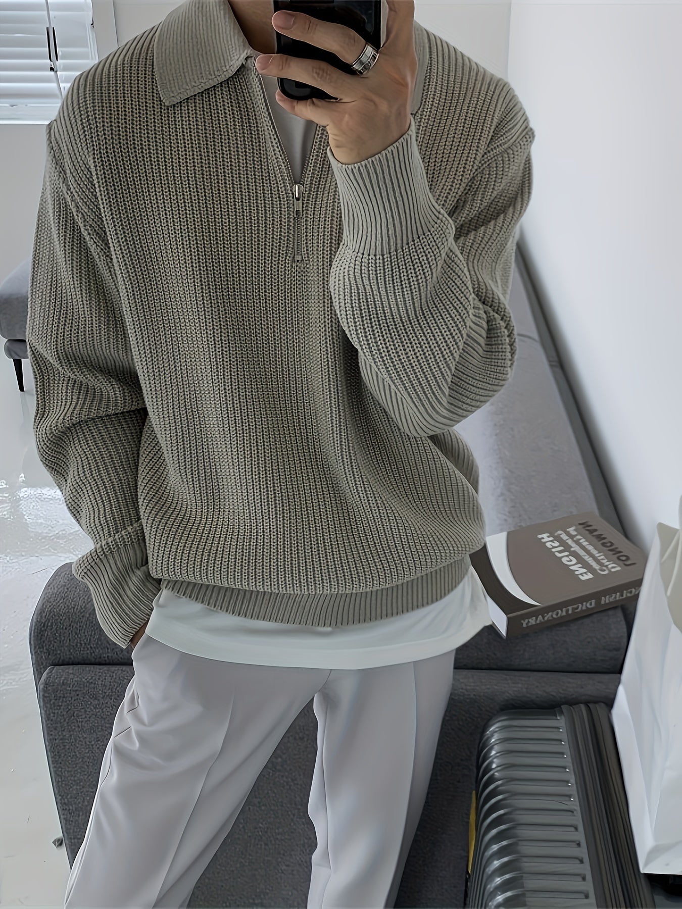 Męski Casualowy Sweter z Półzamkiem z Wysokiej Jakości Dzianiny z Modnym Wzorem w Paski