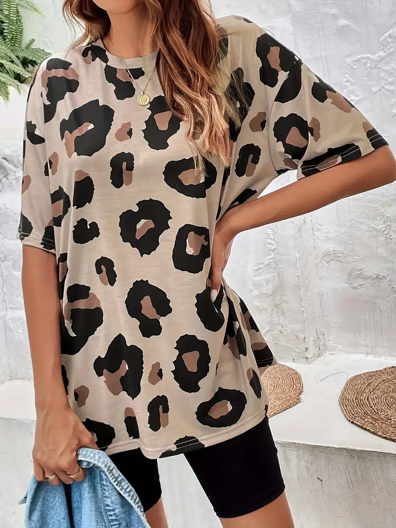 T Shirt Damski Modny Bawełna z Nadrukiem w Panterkę z Okrągłym Dekoltem
