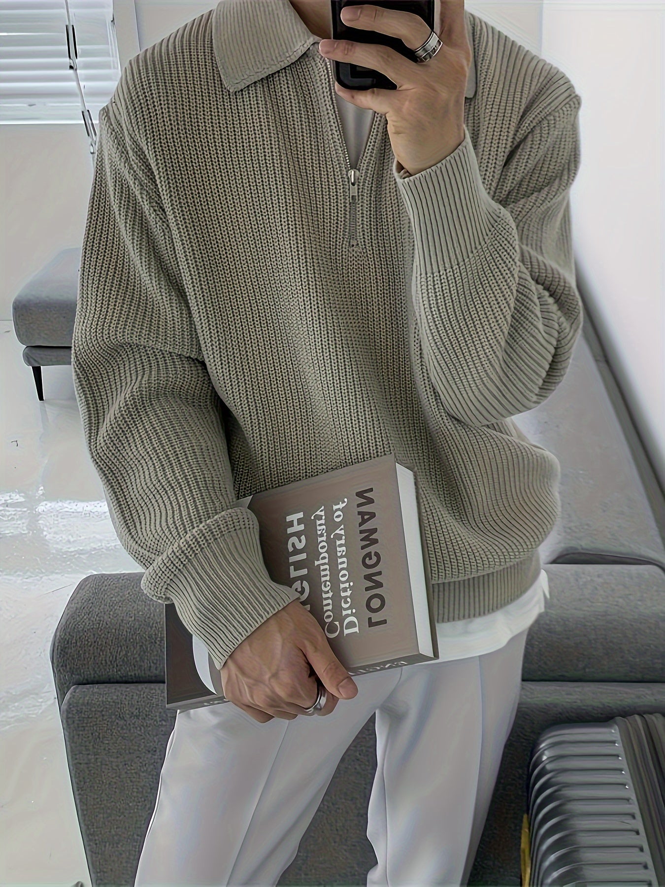 Męski Casualowy Sweter z Półzamkiem z Wysokiej Jakości Dzianiny z Modnym Wzorem w Paski