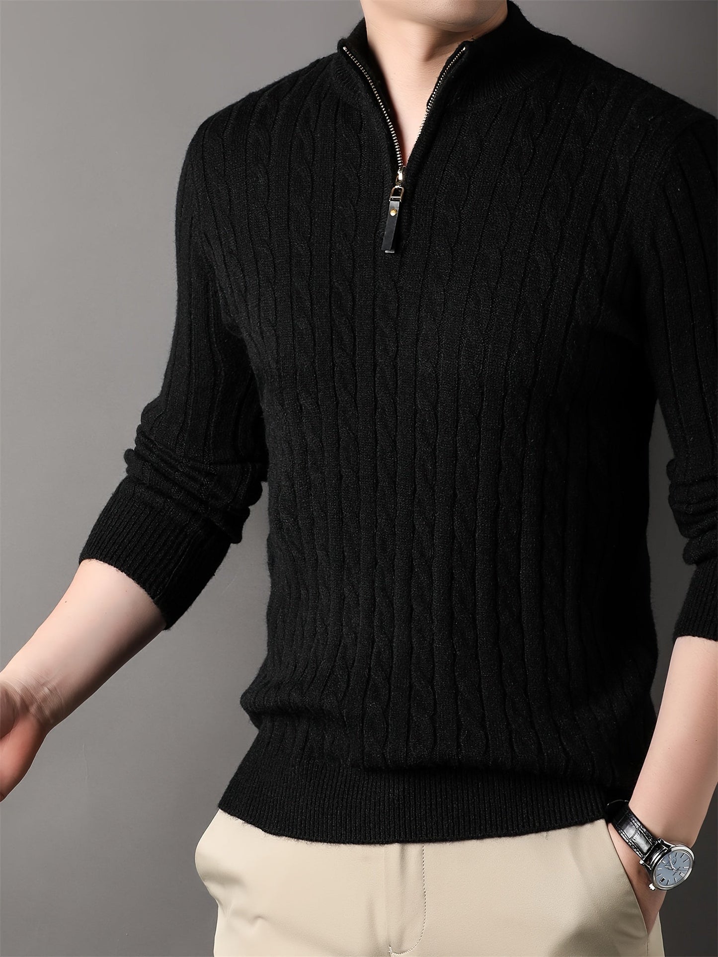 Variant image for Męski Casual Bawełniany Sweter z Półzamkiem i Wzorem Pasków-19