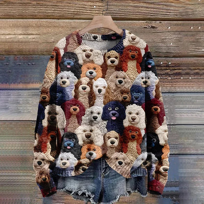 Damski Elegancki Akrylowy Sweter z Wzorem Psów