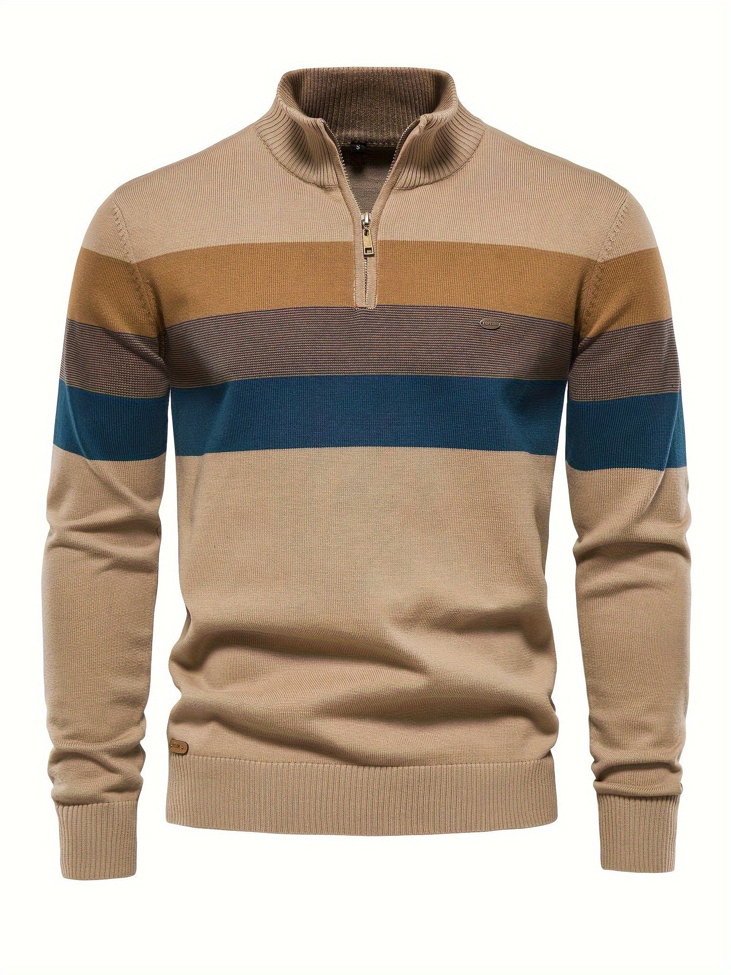 Męski Stylowy Sweter z Pół-Zamkiem i Wzorem w Paski z Wysokiej Jakości Tkaniny