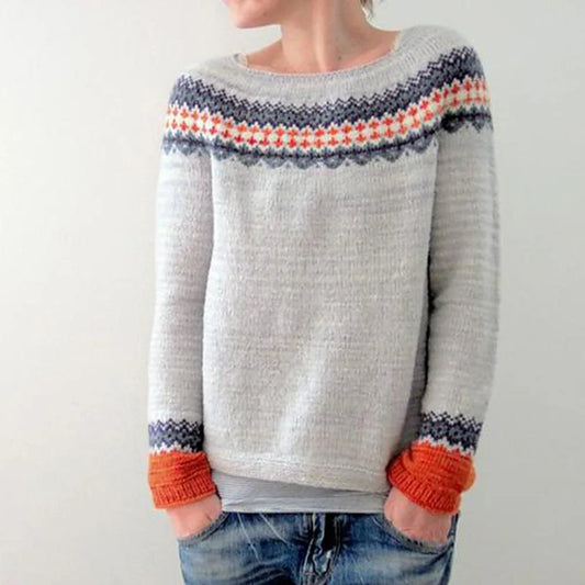 Damski Elegancki Wełniany Sweter z Wzorem Fair Isle z Miękkiego Materiału