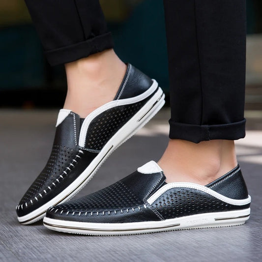 Męskie Stylowe Skórzane Loafersy z Oddychającym Wzorem
